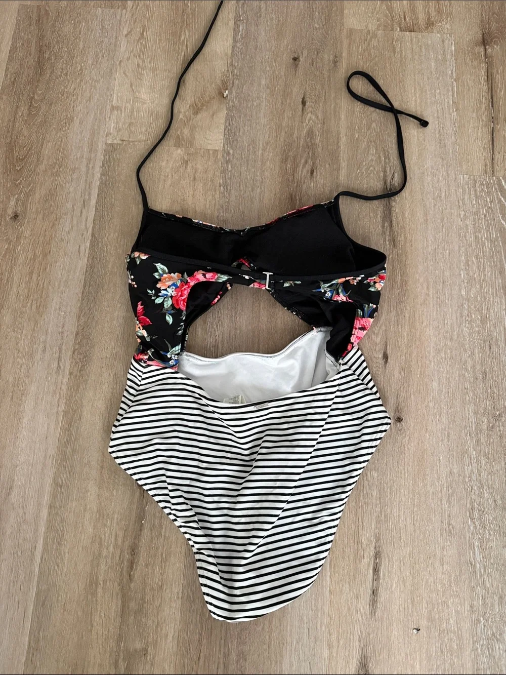 Abercrombie & Fitch Black Floral and White Striped Cutout One-Piece